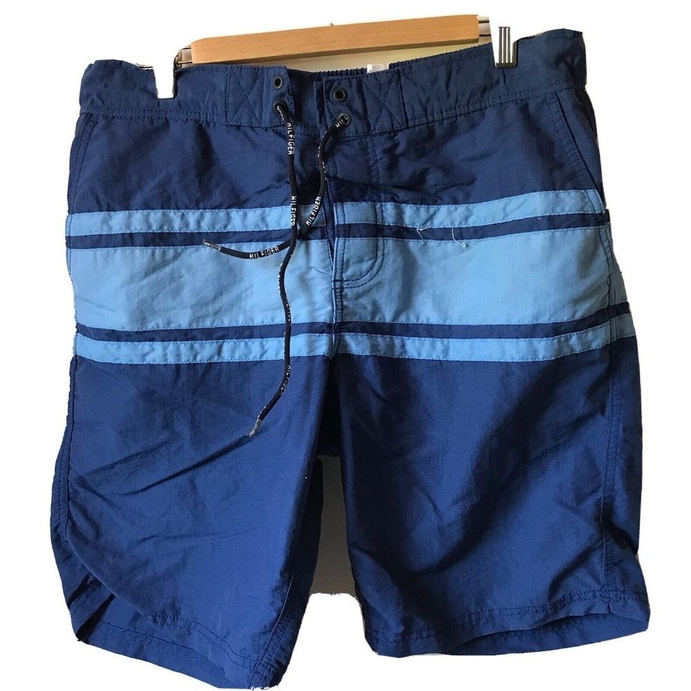 Tommy Hilfiger swimsuit swim trunks board shorts blue striped mesh lining Men L